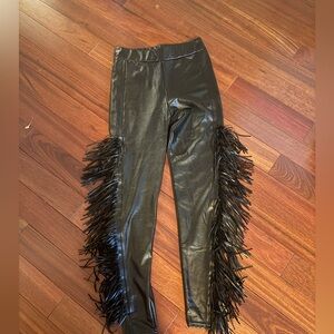 Black Faux Leather High Rise Stretch Shiny Leggings Pants Size S W Fringe!